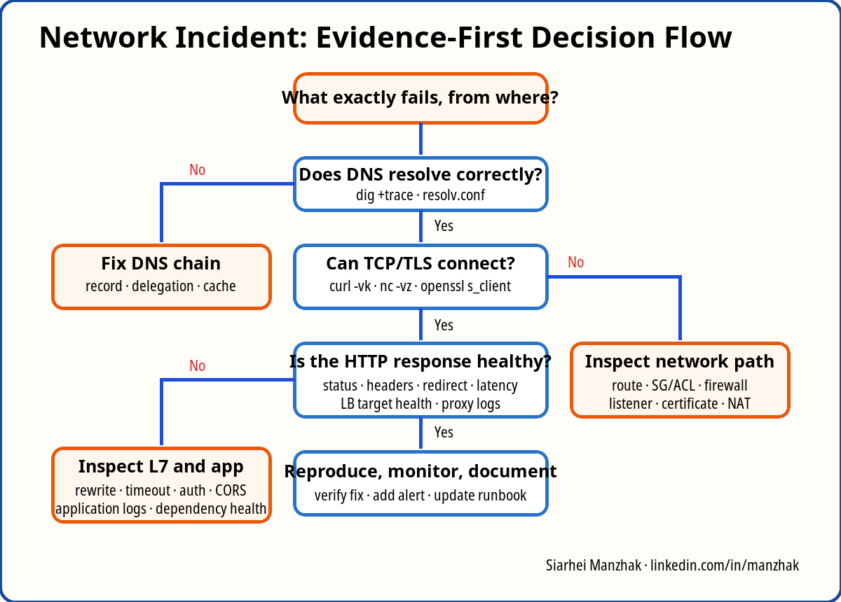 Evidence-first decision flow for troubleshooting a network incident